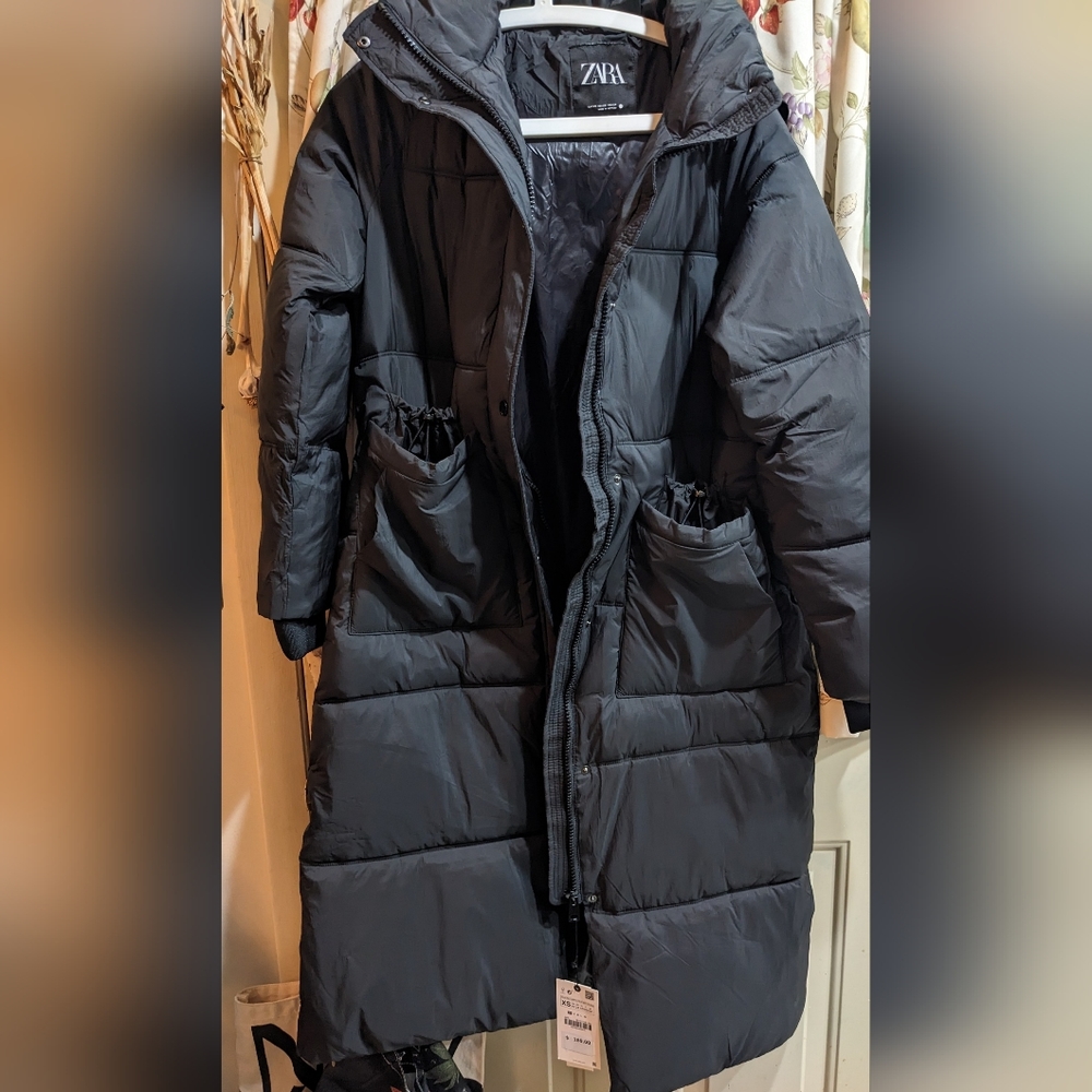 NWT Zara Black Longline Quilted Coat